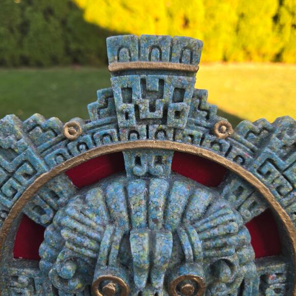 Vintage Mayan Aztec Calendar Clock Wall Plaque Green Red Felt - Picture 4 of 14